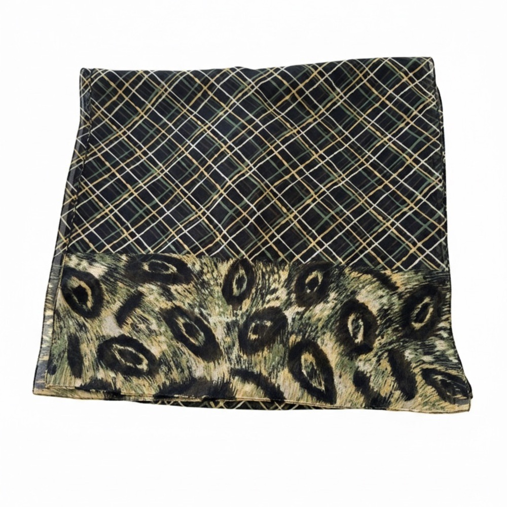 Vintage Mixed Print Long Scarf - Leopard & Plaid Chiffon